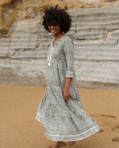 Robe Poème Longue – Imprimé Block-print Onam vert de gris