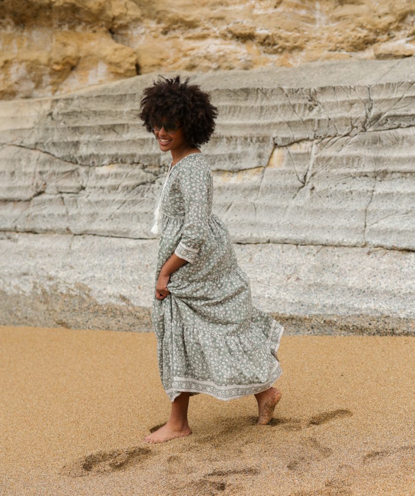 Robe Poème Longue – Imprimé Block-print Onam vert de gris