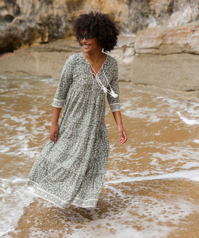 Robe Poème Longue – Imprimé Block-print Onam vert de gris