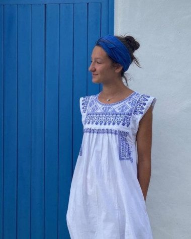Robe longue Ysee – Blanche, Broderie Bleue