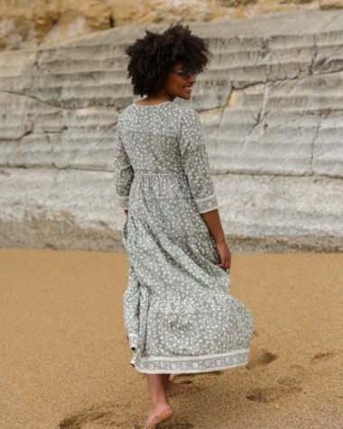 Robe Poème Longue – Imprimé Block-print Onam vert de gris