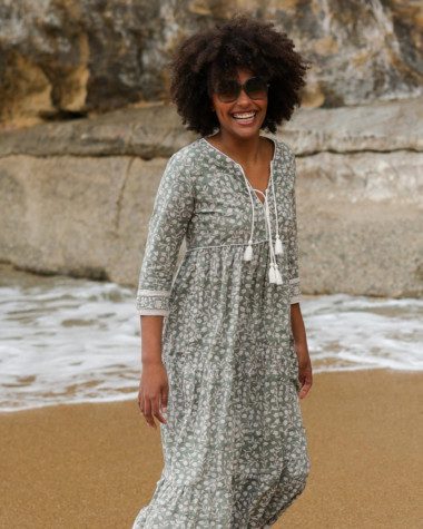 Robe Poème Longue – Imprimé Block-print Onam vert de gris