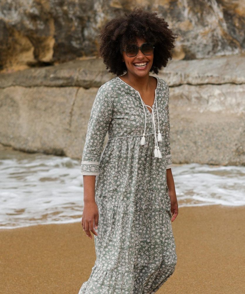 Robe Poème Longue – Imprimé Block-print Onam vert de gris