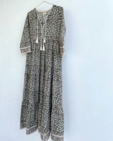 Robe Poème Longue – Imprimé Block-print Onam vert de gris