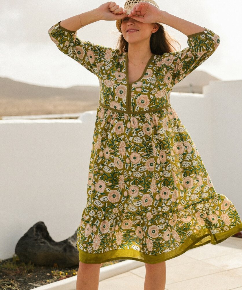 Robe courte Priyanka – Imprimé Block-print* Marisol Olive