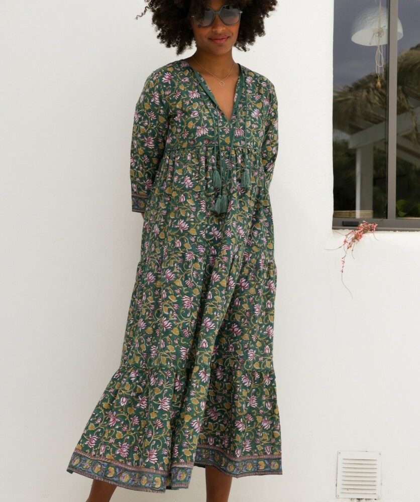 Robe Poème Longue – Imprimé Block-print Dhalia green