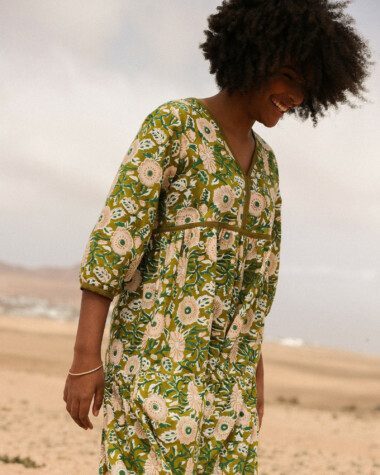 Robe Longue Priyanka – Imprimé Block-print Marisol Olive