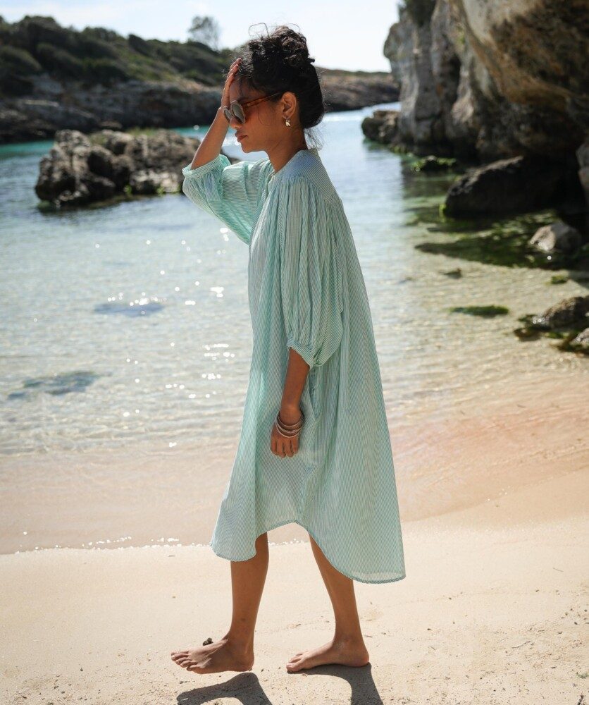 Robe Helena – Voile de coton rayé Menthe
