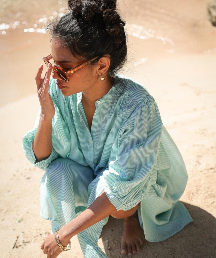 Robe Helena – Voile de coton rayé Menthe