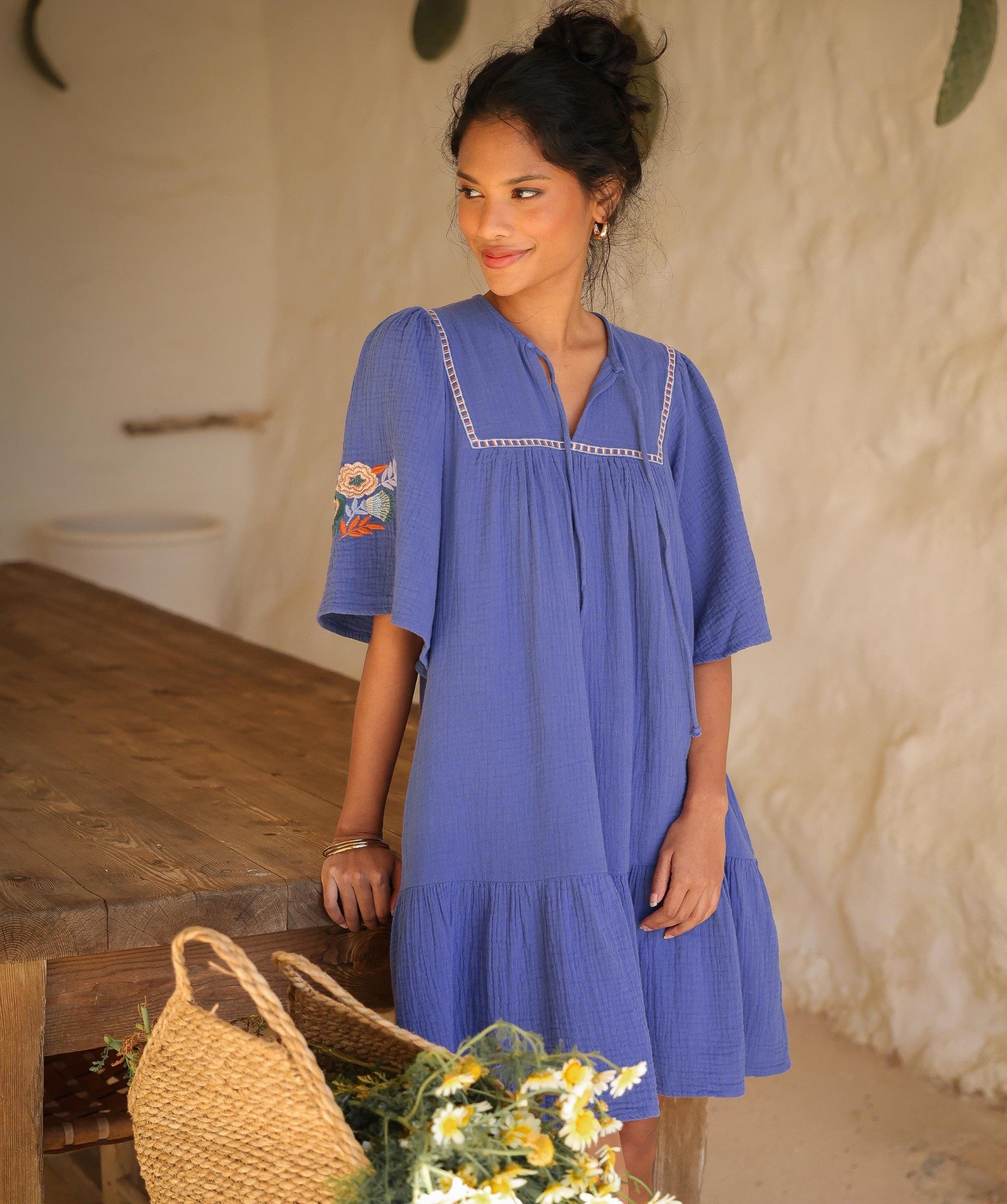 Robe Sodade Courte – gaze de coton Myosotis