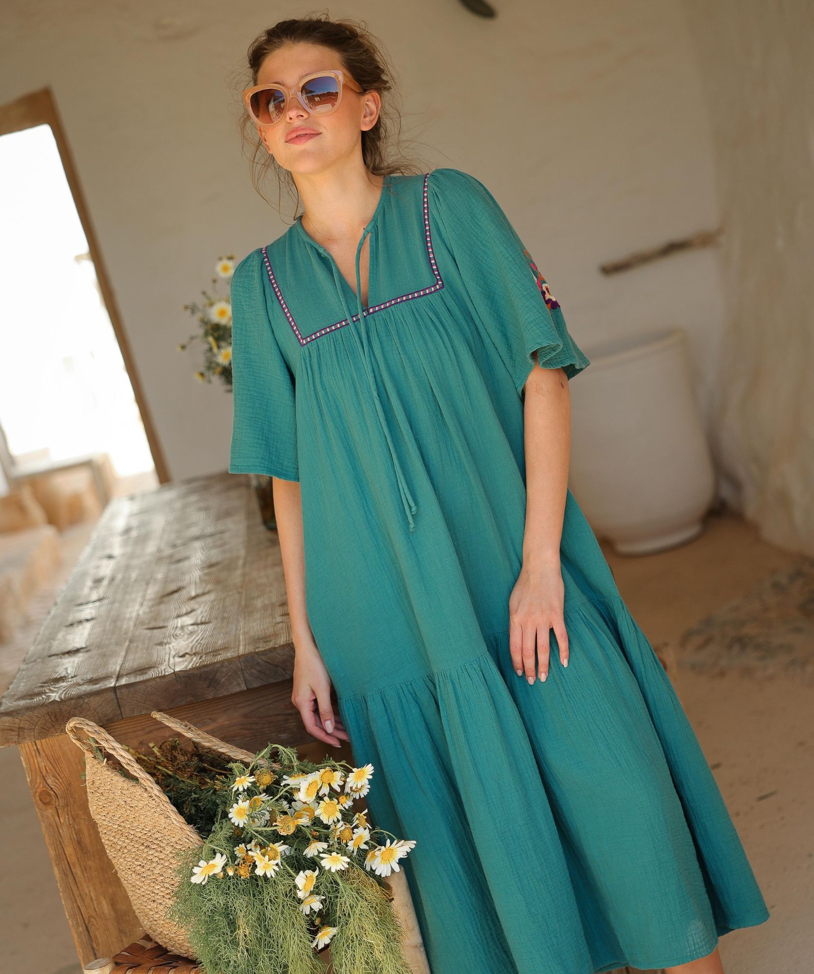 Robe Sodade Longue – Gaze de Coton Emeraude