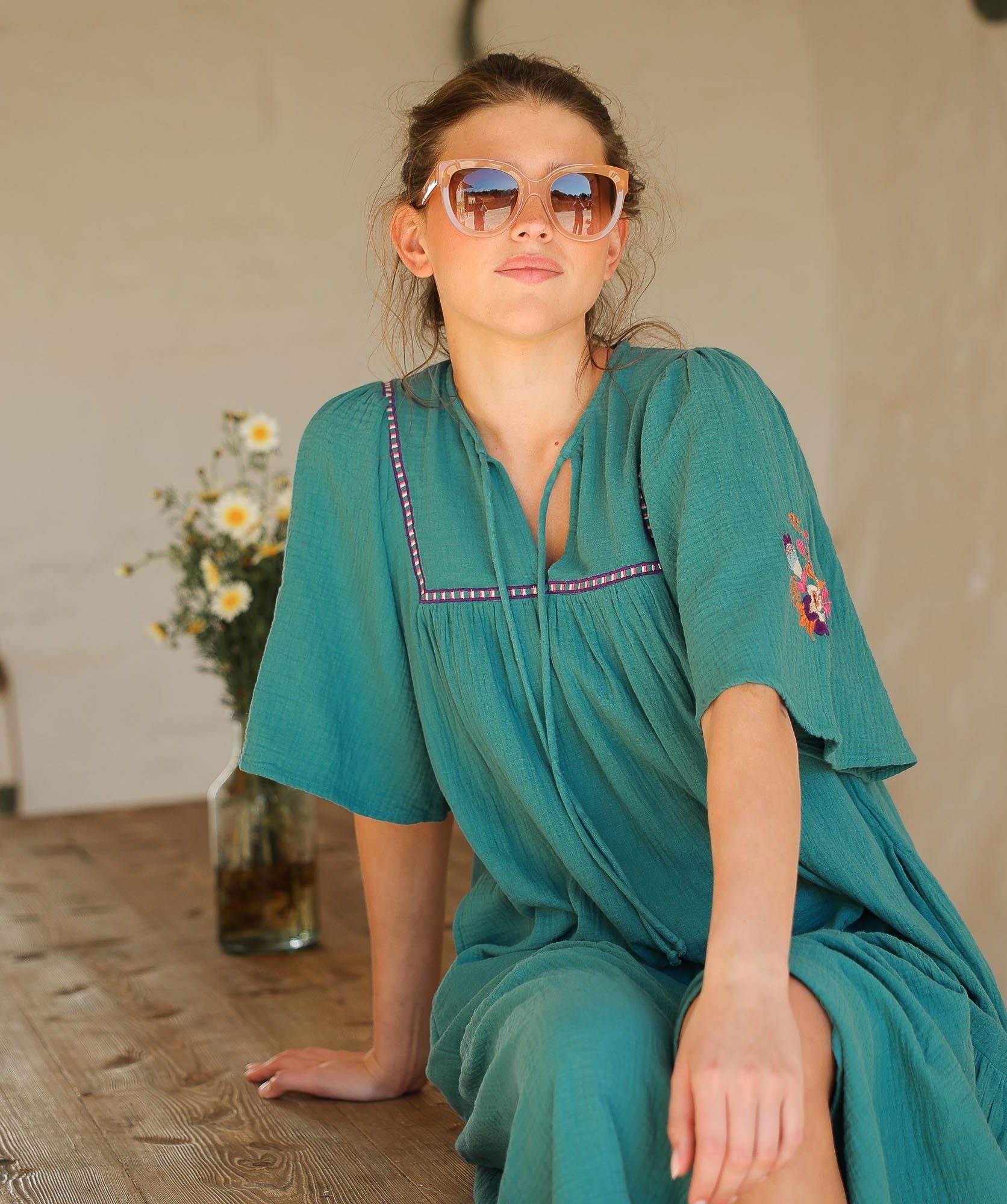 Robe Sodade Longue – Gaze de Coton Emeraude