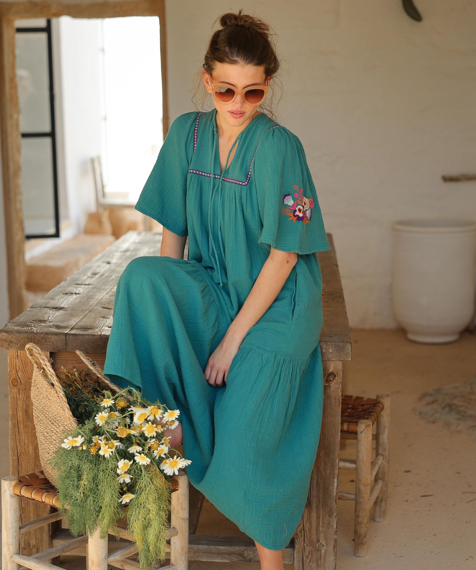 Robe Sodade Longue – Gaze de Coton Emeraude