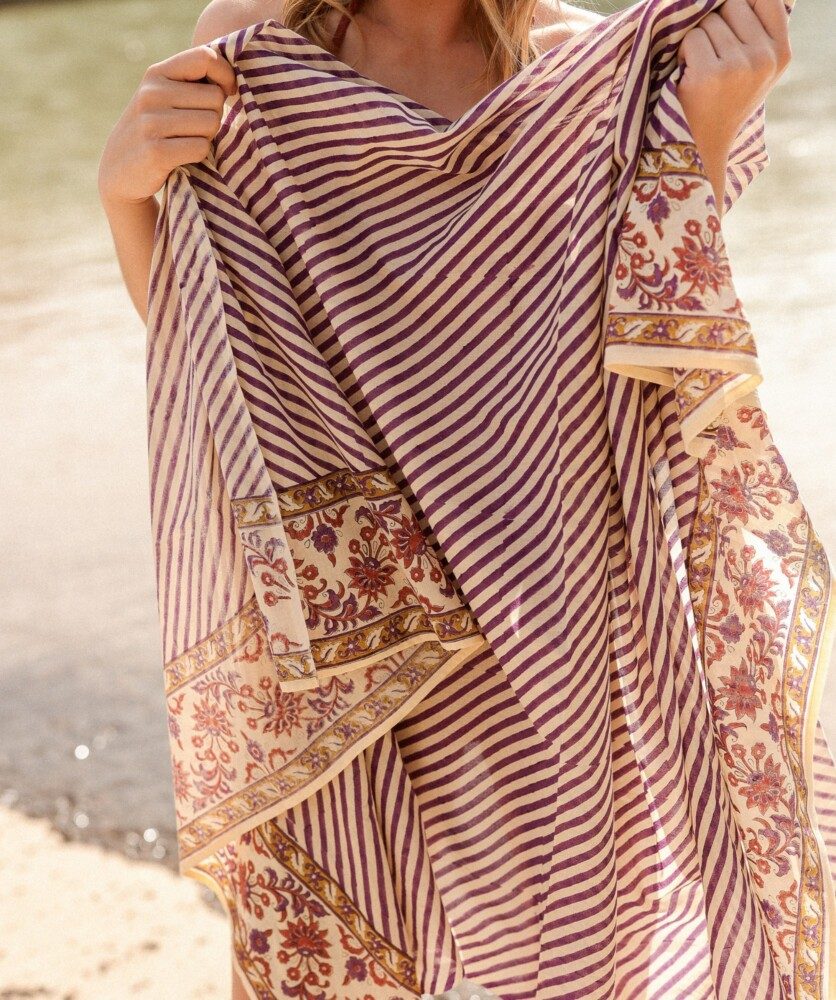 Paréo – Imprimé block print purple stripes