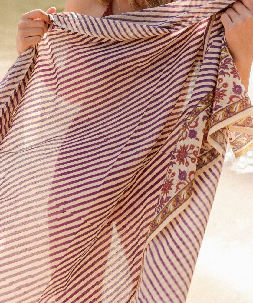 Paréo – Imprimé block print purple stripes