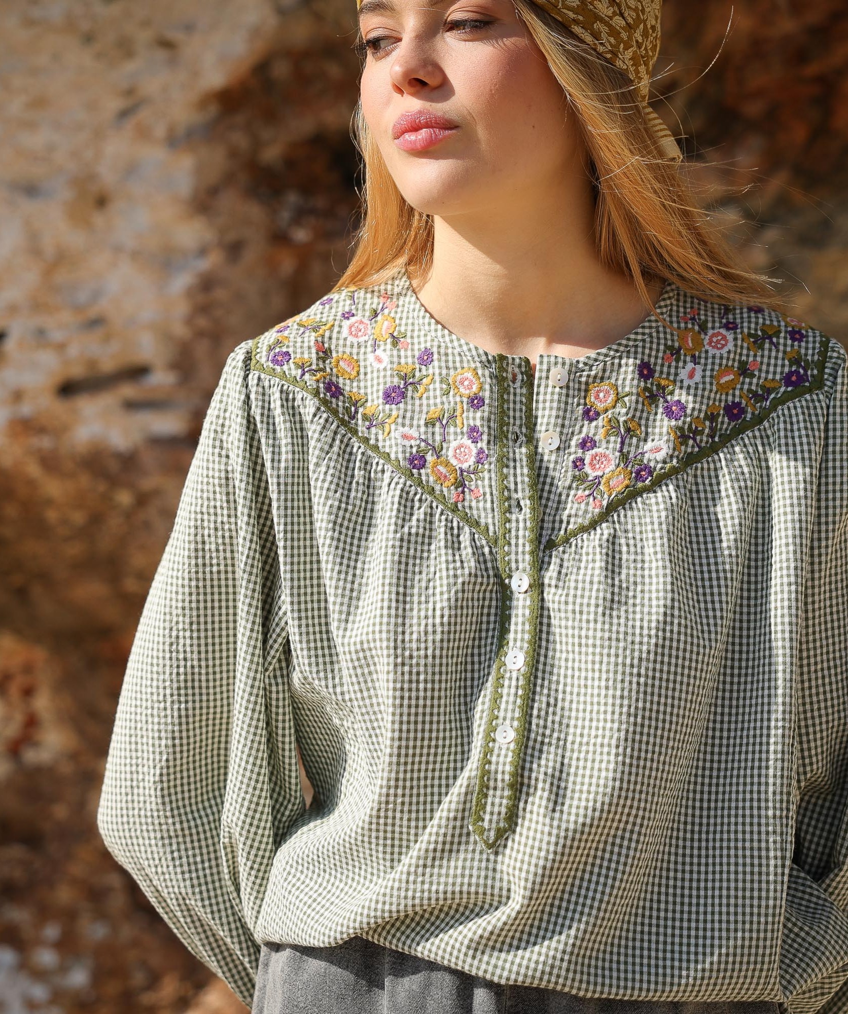 Blouse Floripa – Carreaux seersucker kaki