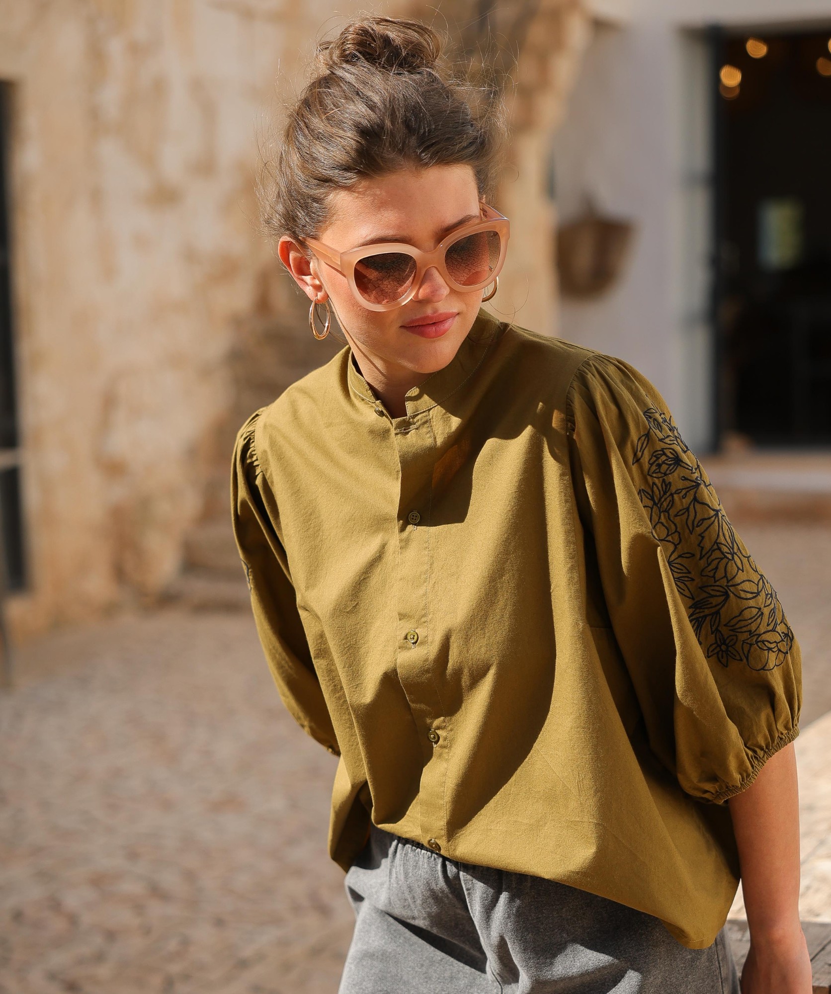 Chemise Bergame – Popeline de coton Bronze brodée