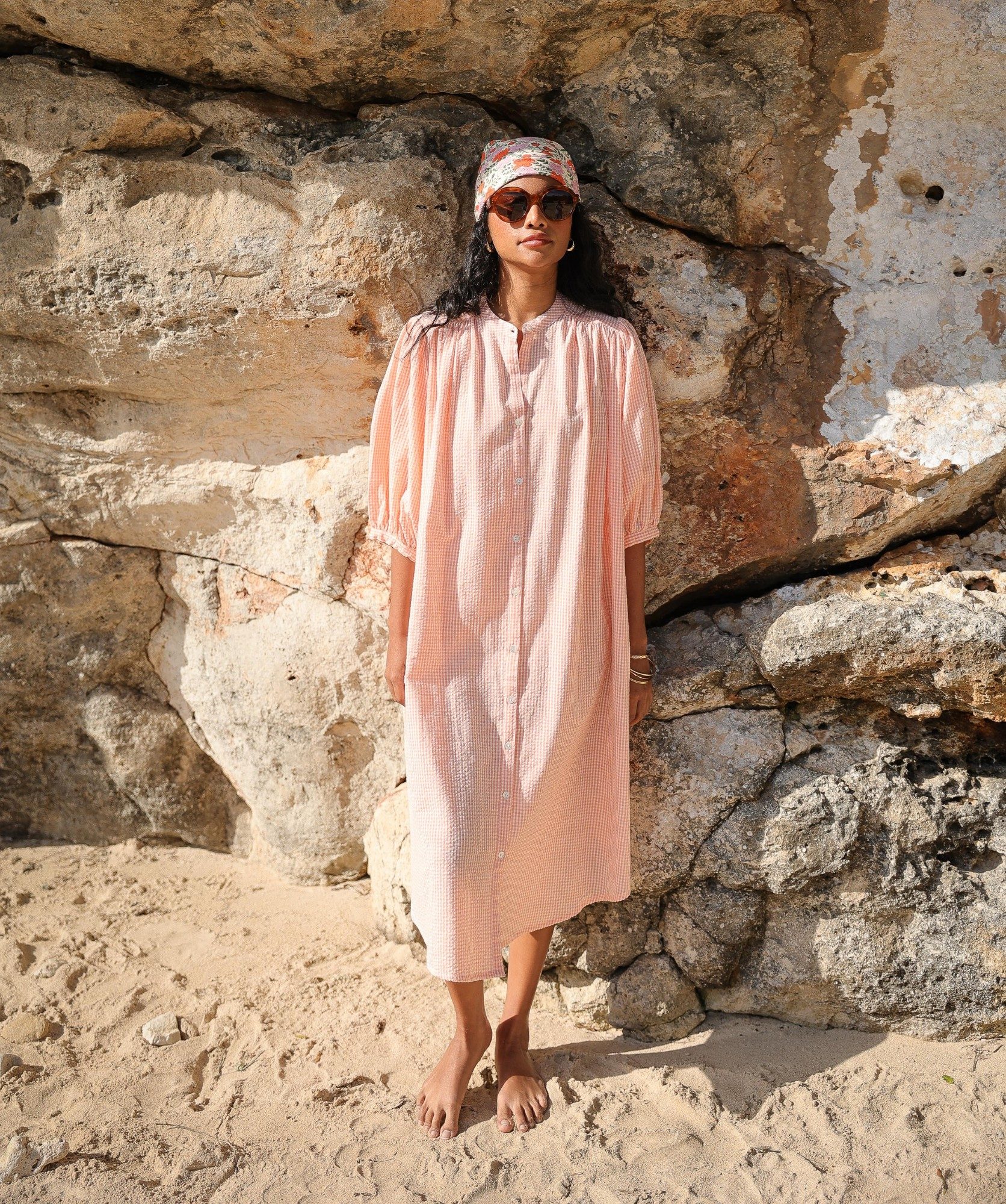 Robe Helena – Seersucker carreaux corail