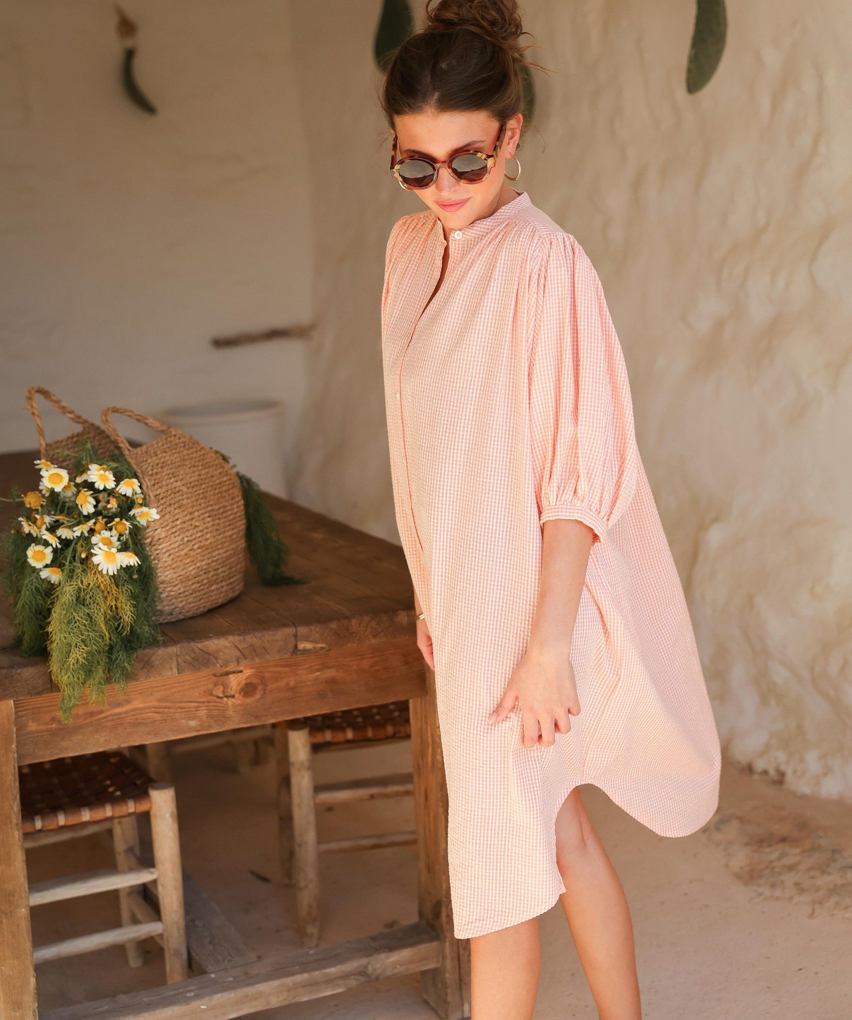 Robe Helena – Seersucker carreaux corail