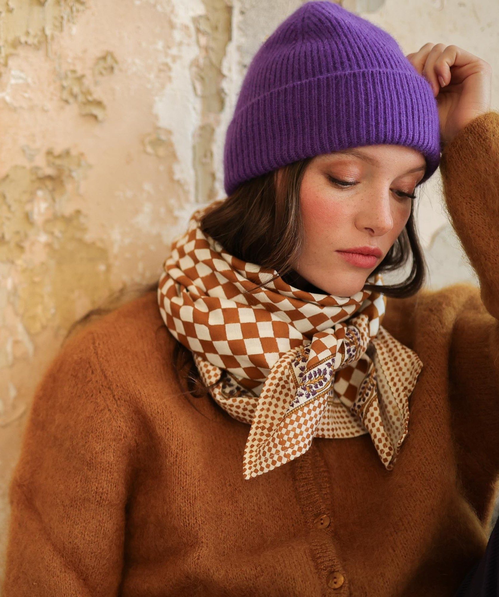 Foulard grand format - Damier caramel - Bëllemme